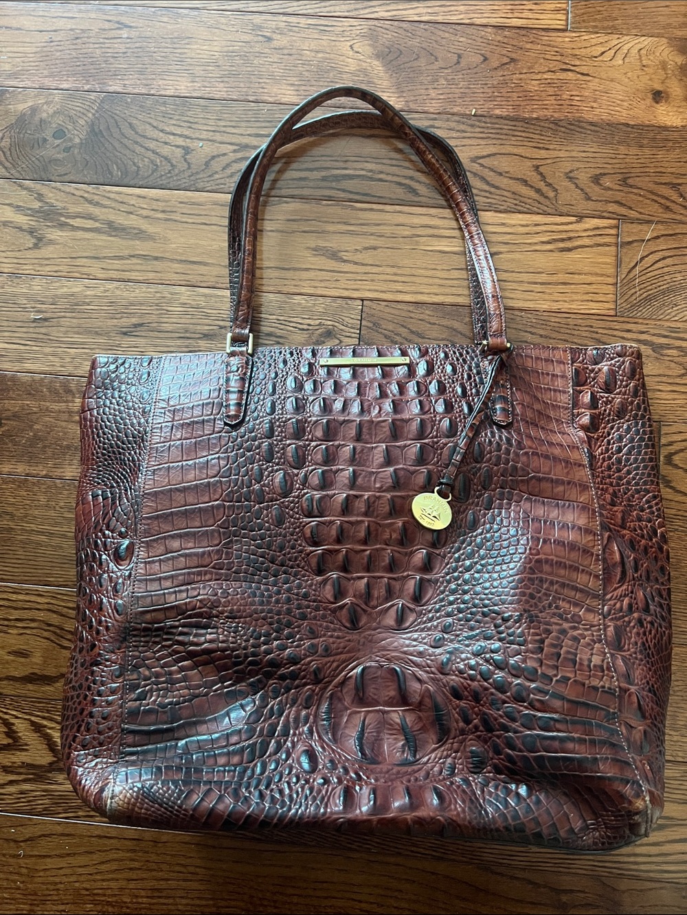 Brahmin Croc-Embossed Leather Tote in Deep Brown with Gold Accent